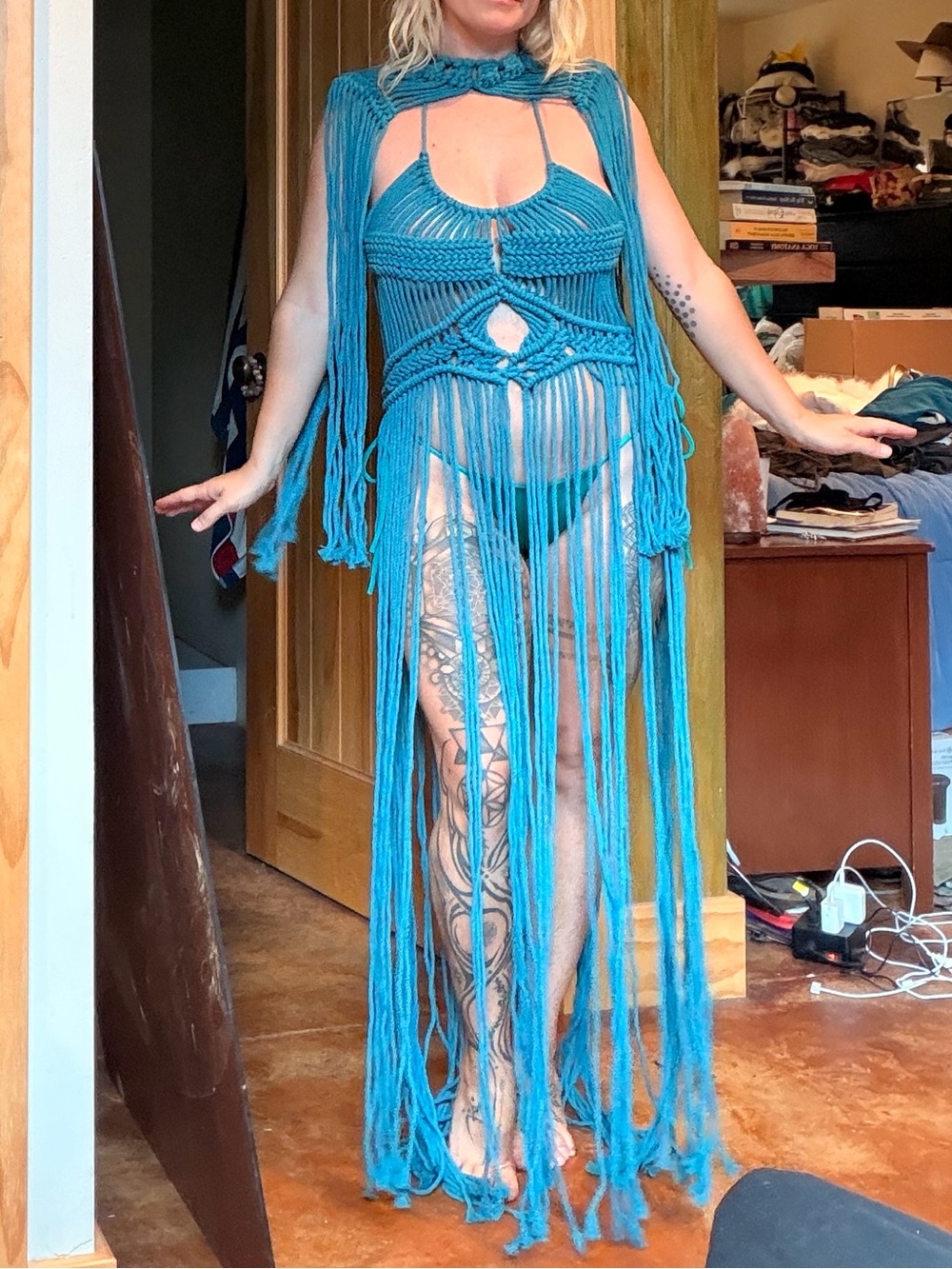 Handmade Teal Crochet Fringe Swim Cover-Up